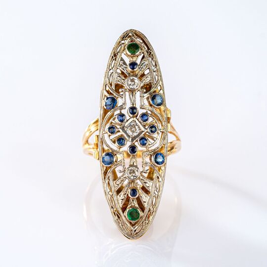 Großer Jugendstil Ring mit Saphiren und Diamanten