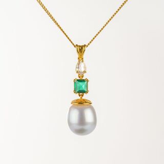 Fine Pearl Diamond Emerald Pendant on Necklace