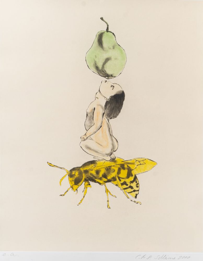 Cornelia Schleime - Ohne Titel - Kniender Frauenakt mit Wespe und Birne Ohne Titel - Kniender Frauenakt mit Wespe und Birne