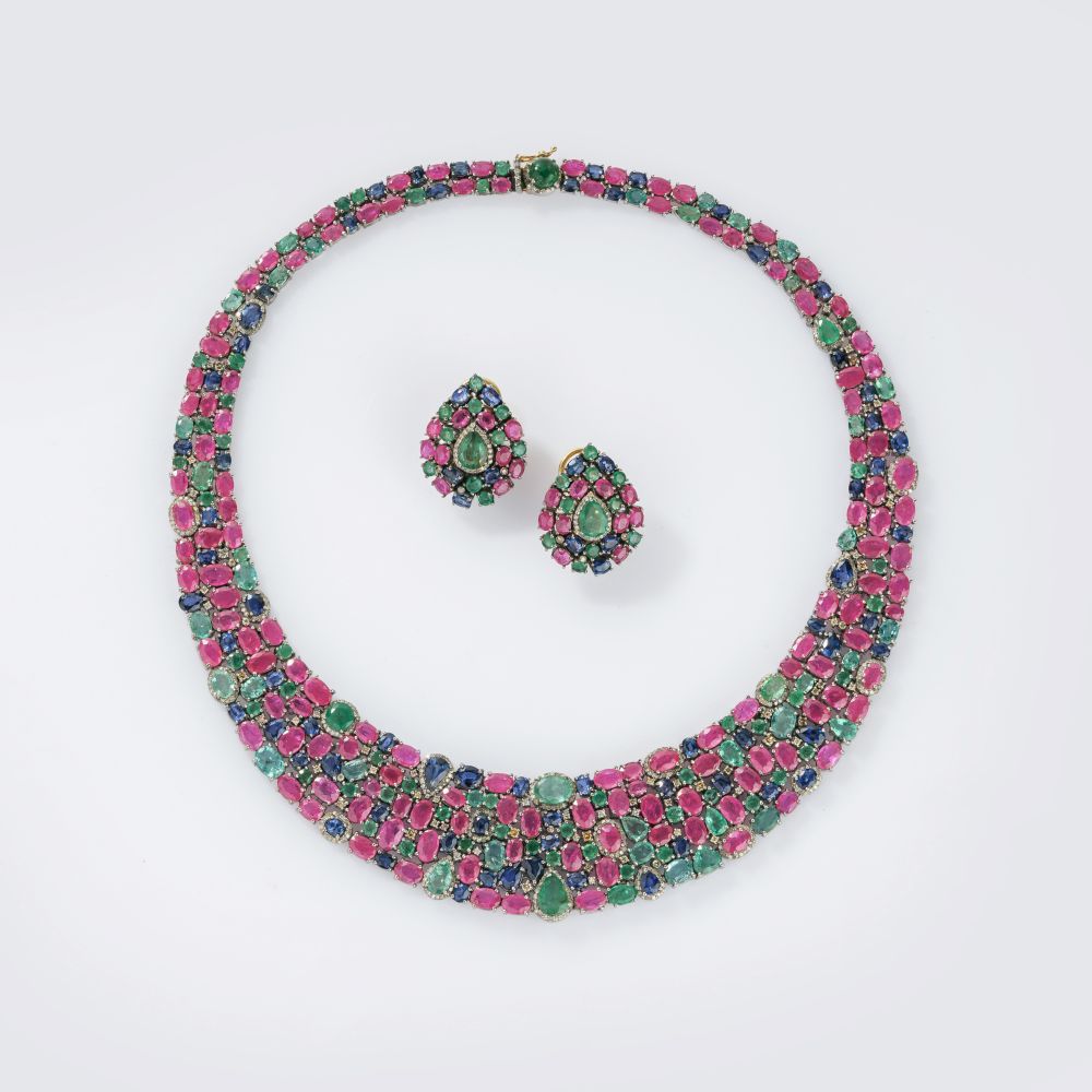 Tutti-Frutti Gemstone-Diamond Necklace with matching Pair of Earrings Tutti-Frutti Gemstone-Diamond Necklace with matching Pair of Earrings
