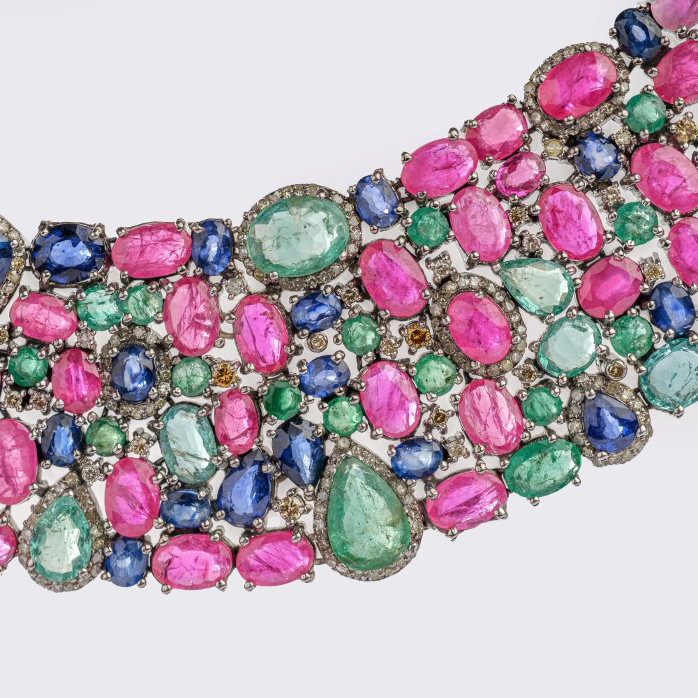 Tutti-Frutti Gemstone-Diamond Necklace with matching Pair of Earrings - image 2