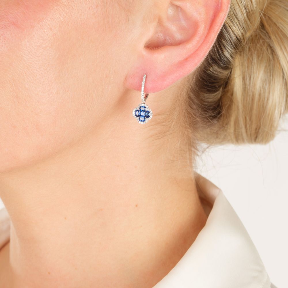 Pair of Clover Earrings with Sapphires and Diamonds - image 2