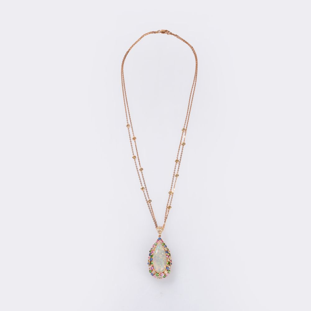 Opal Anhänger mit mehrfarbigen Saphiren, Tsavorithen und Brillanten an Kette - Bild 2