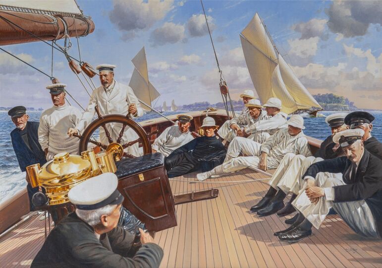 König George V. am Ruder der Britannia während der Cowes Week