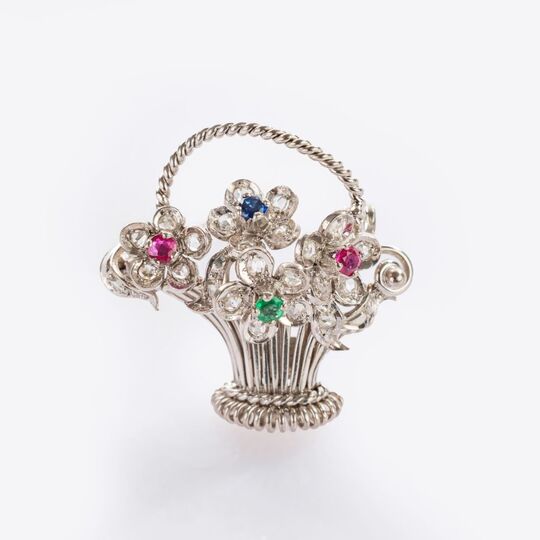Diamond-Colorstone Flower-Basket Brooch