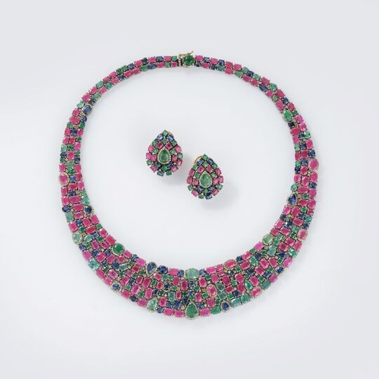 Tutti-Frutti Gemstone-Diamond Necklace with matching Pair of Earrings