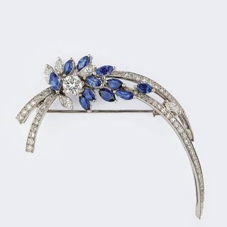 A Floral Sapphire Diamond Brooch