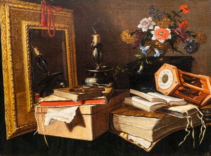 Meister der Vanitas-Texte, tätig in Madrid um 1650 - Stillleben mit Symbolen der Vergänglichkeit Stillleben mit Symbolen der Vergänglichkeit