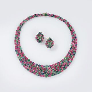- Tutti-Frutti Gemstone-Diamond Necklace with matching Pair of Earrings Tutti-Frutti Gemstone-Diamond Necklace with matching Pair of Earrings