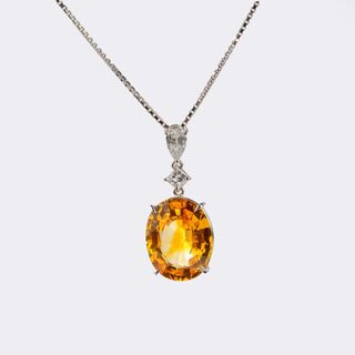 - Hochkarätiger Orange-Yellow Ceylon Saphir Anhänger mit River Diamanten an Kette Hochkarätiger Orange-Yellow Ceylon Saphir Anhänger mit River Diamanten an Kette