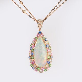 - Opal Pendant with Muticolored Sapphires, Tsavoriths and Diamonds on Necklace Opal Pendant with Muticolored Sapphires, Tsavoriths and Diamonds on Necklace