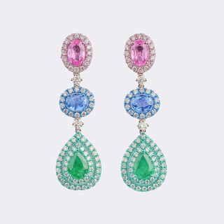 Pair of Emerald Diamond Earrings with multicoloured Sapphires