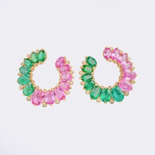 Pair of Emerald Diamond Earrings with Pink Sapphires