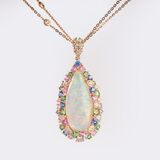 Opal Anhänger mit mehrfarbigen Saphiren, Tsavorithen und Brillanten an Kette - Bild 1