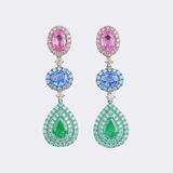 Pair of Emerald Diamond Earrings with multicoloured Sapphires - image 1