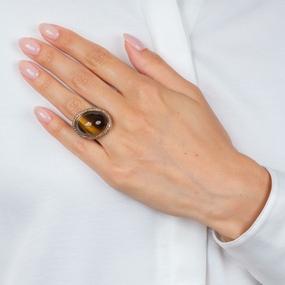Large Cocktail Ring with Tiger Eye and Fancy Diamonds - image 3