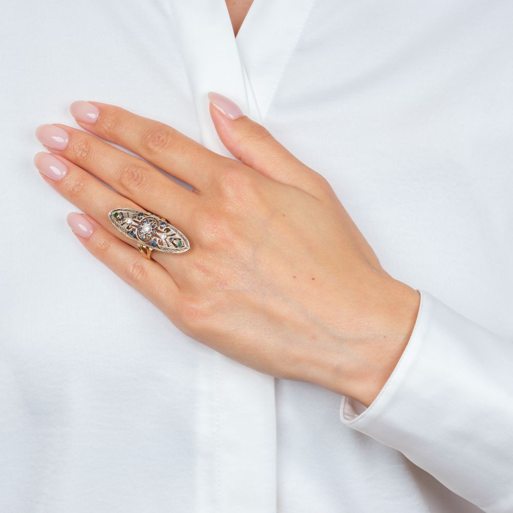 Large Art Nouveau Ring with Sapphires and Diamonds - image 3
