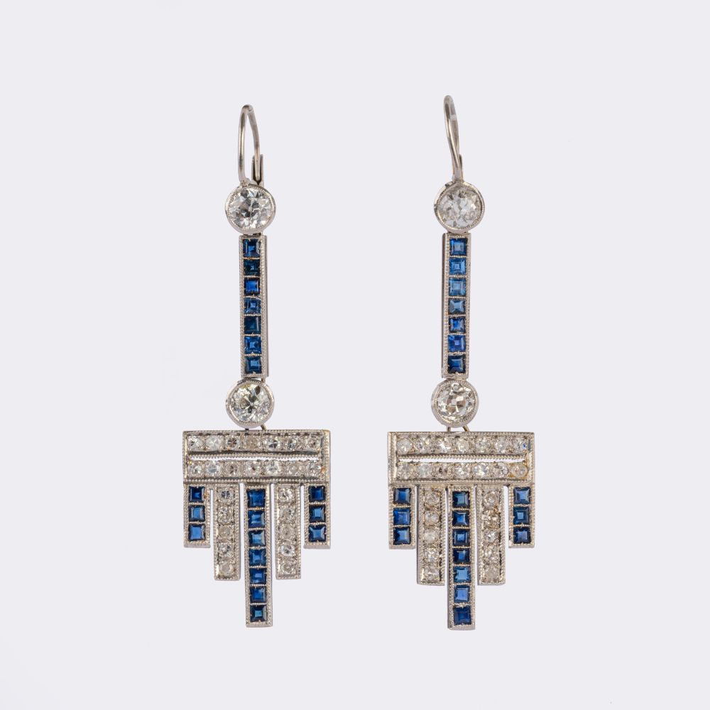 Pair of Art-déco Sapphire Diamond Earpendants Pair of Art-déco Sapphire Diamond Earpendants