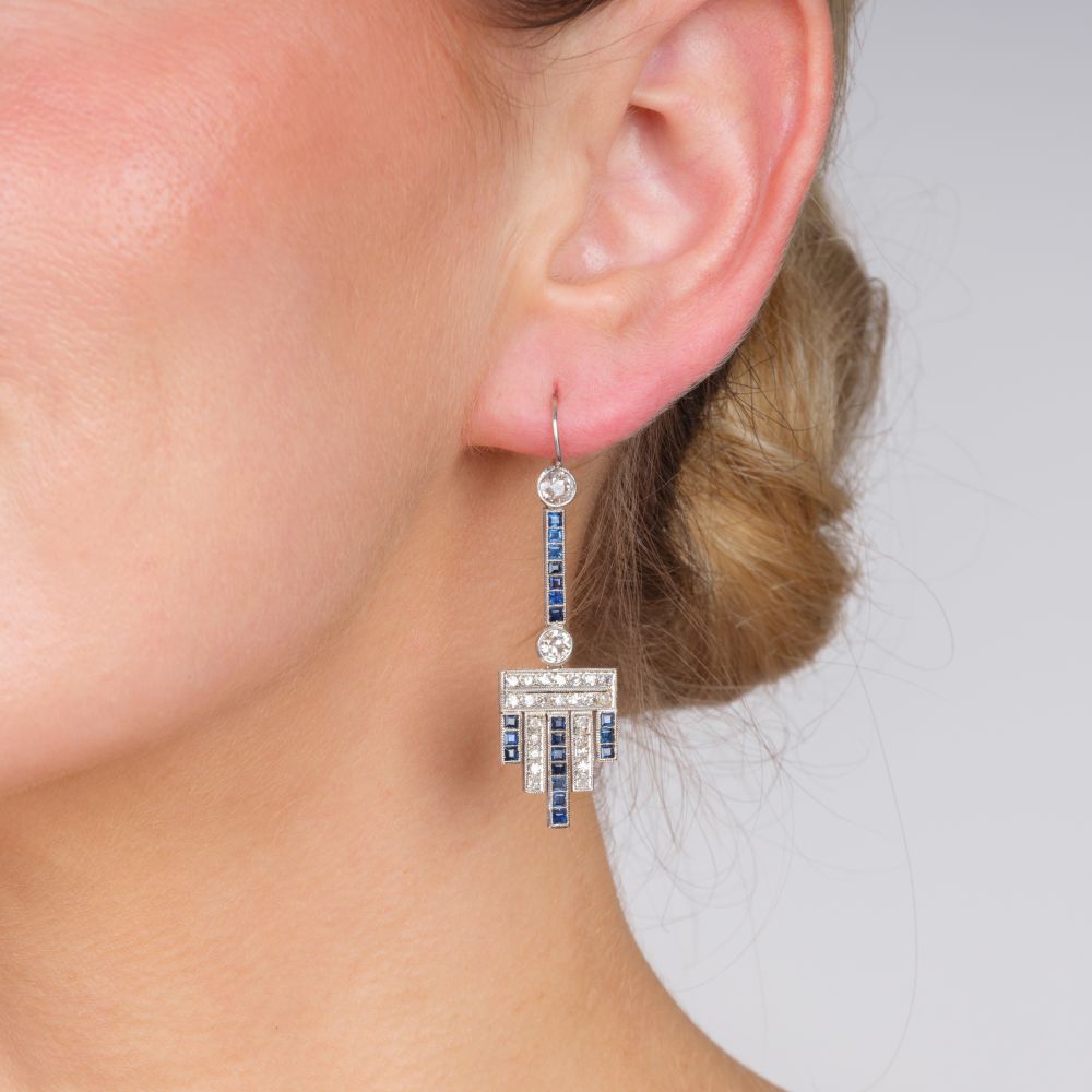 Pair of Art-déco Sapphire Diamond Earpendants - image 2