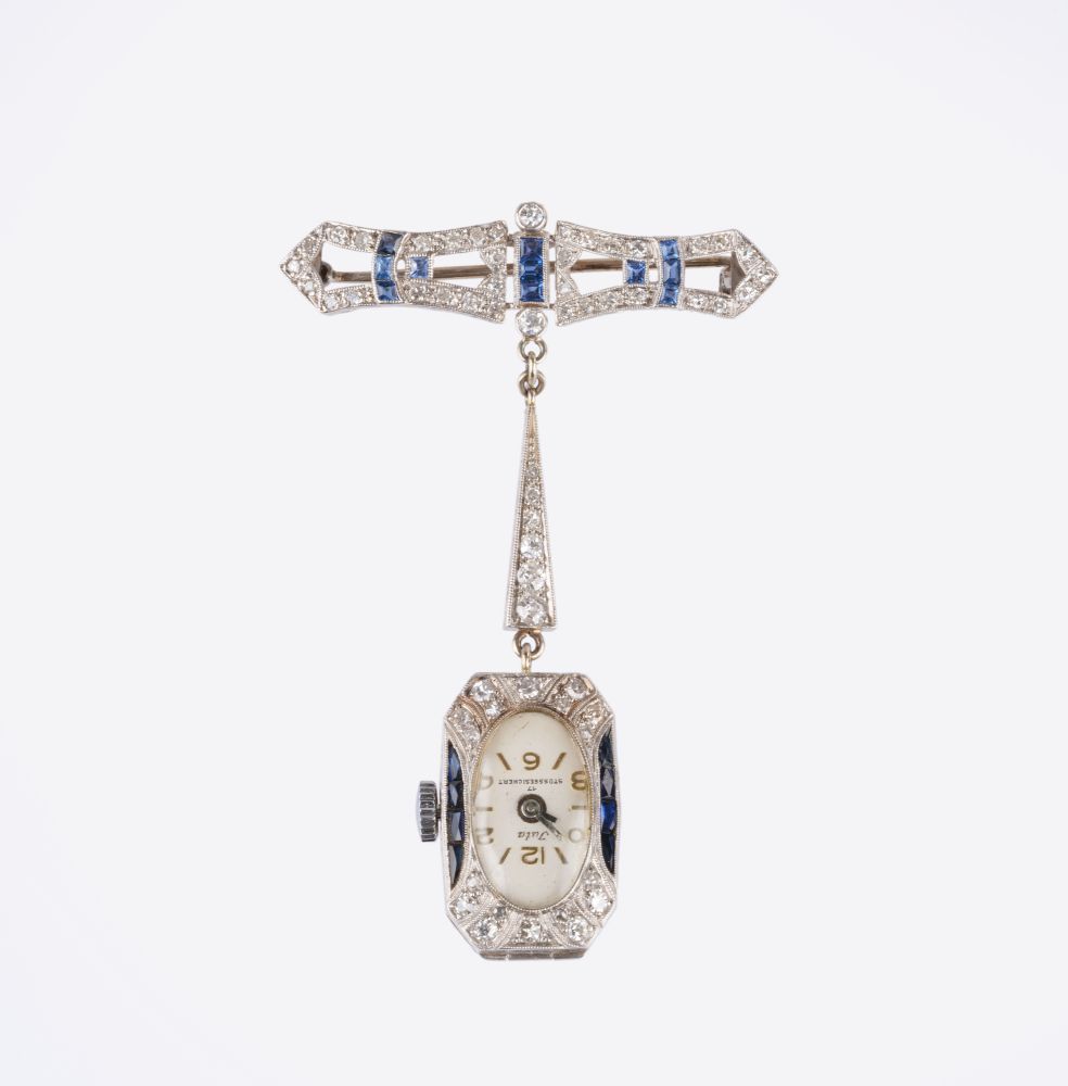 Art-déco Ladie's Pendant Watch on Brooch with Diamonds and Sapphires