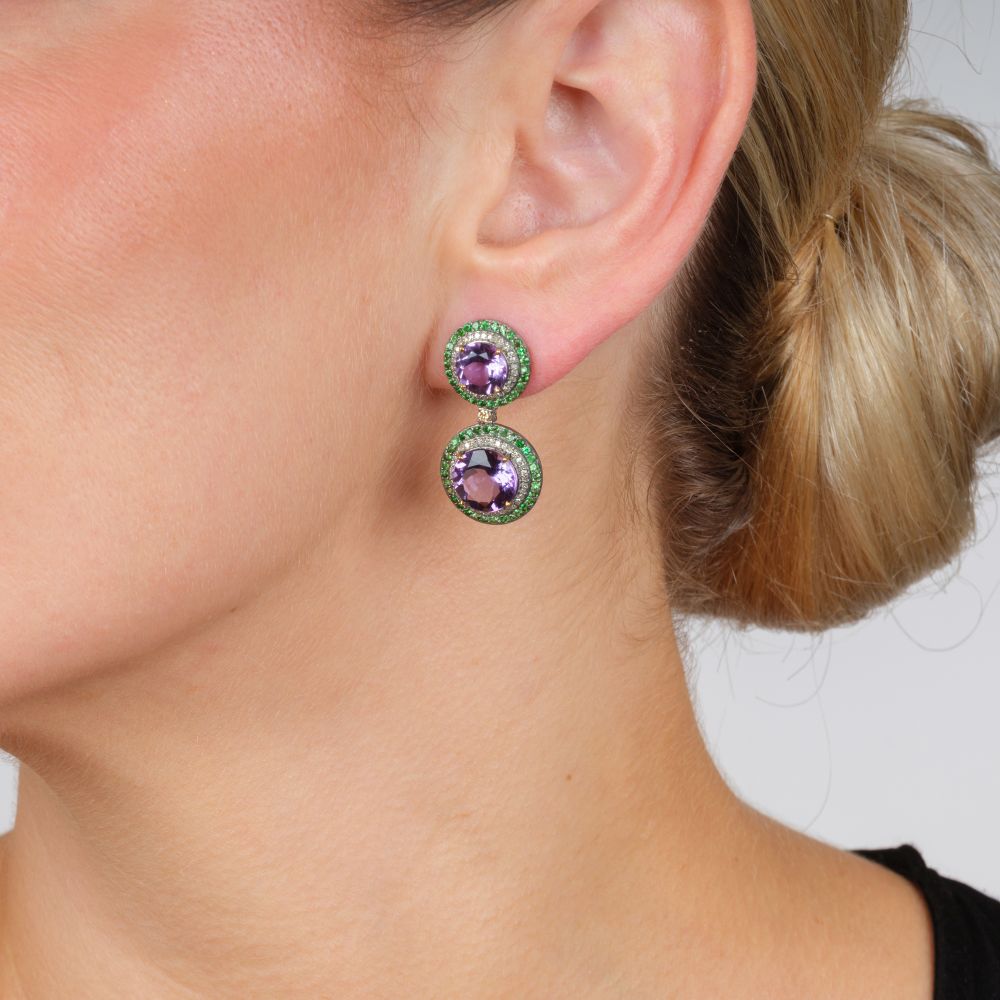 Paar feinfarbiger Amethyst Tsavorith Brillant Ohrhänger - Bild 2