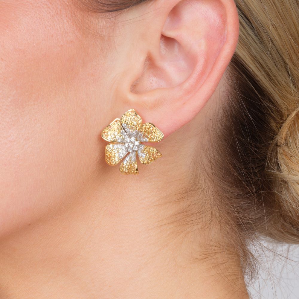 Pair of colour fine Flower Earrings with Yellow Sapphires and Diamonds - image 2