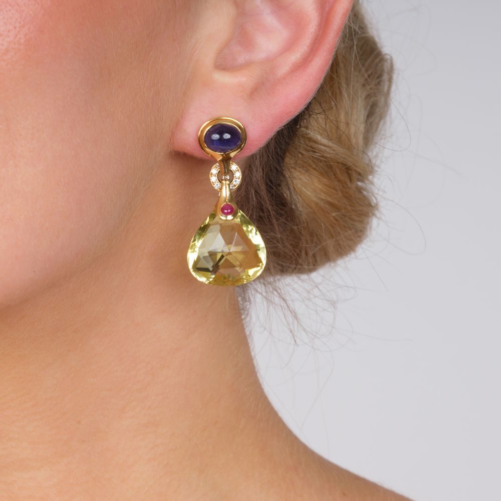 Pair of Diamond Lemon Quartz Earclips with Diamonds and Colour Gemstones - image 2