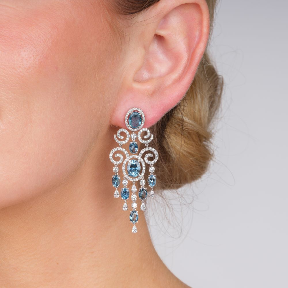 Pair Aquamarine Diamond Chandelier Earrings - image 2