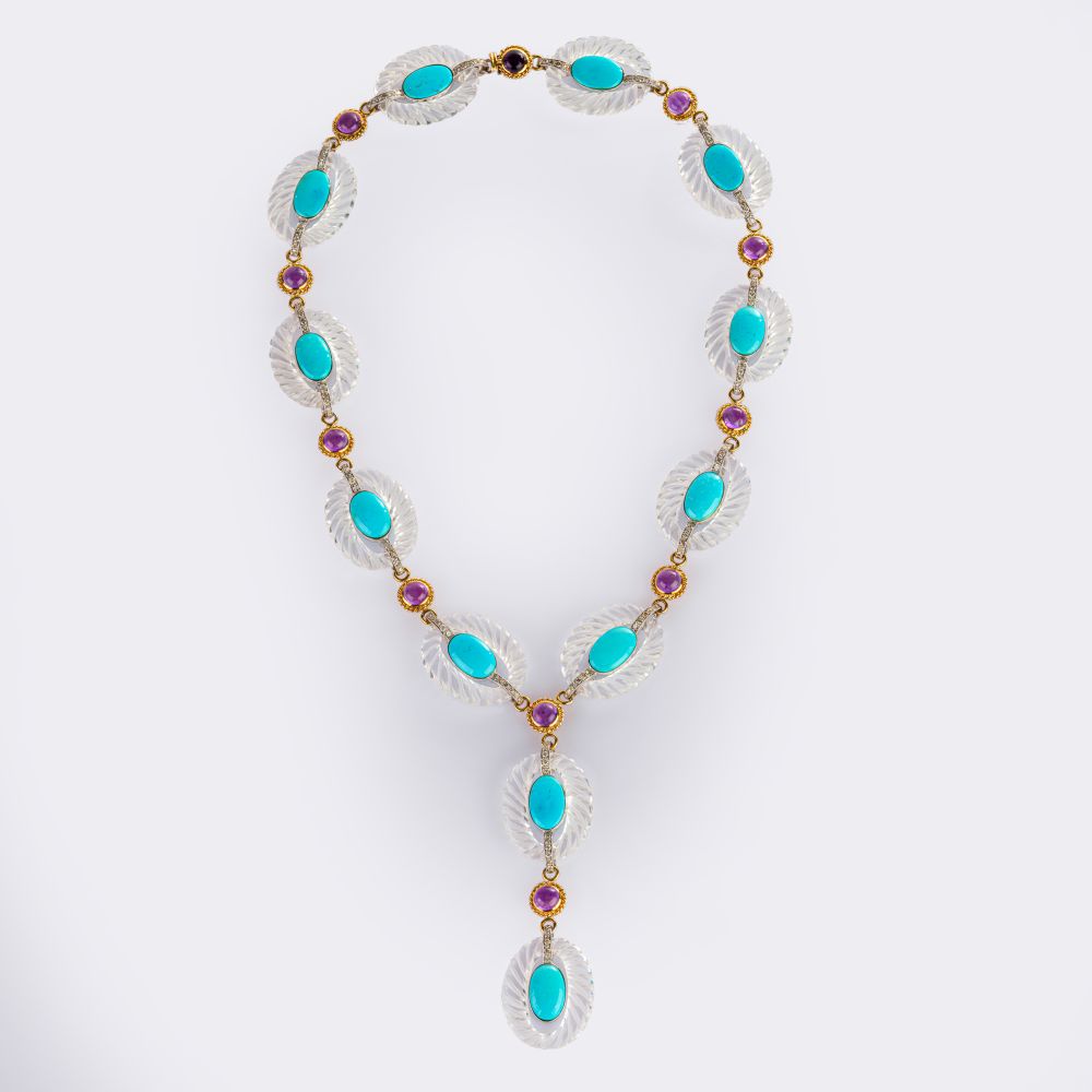 Langes Kristall Diamant Collier mit Türkisen und Amethysten