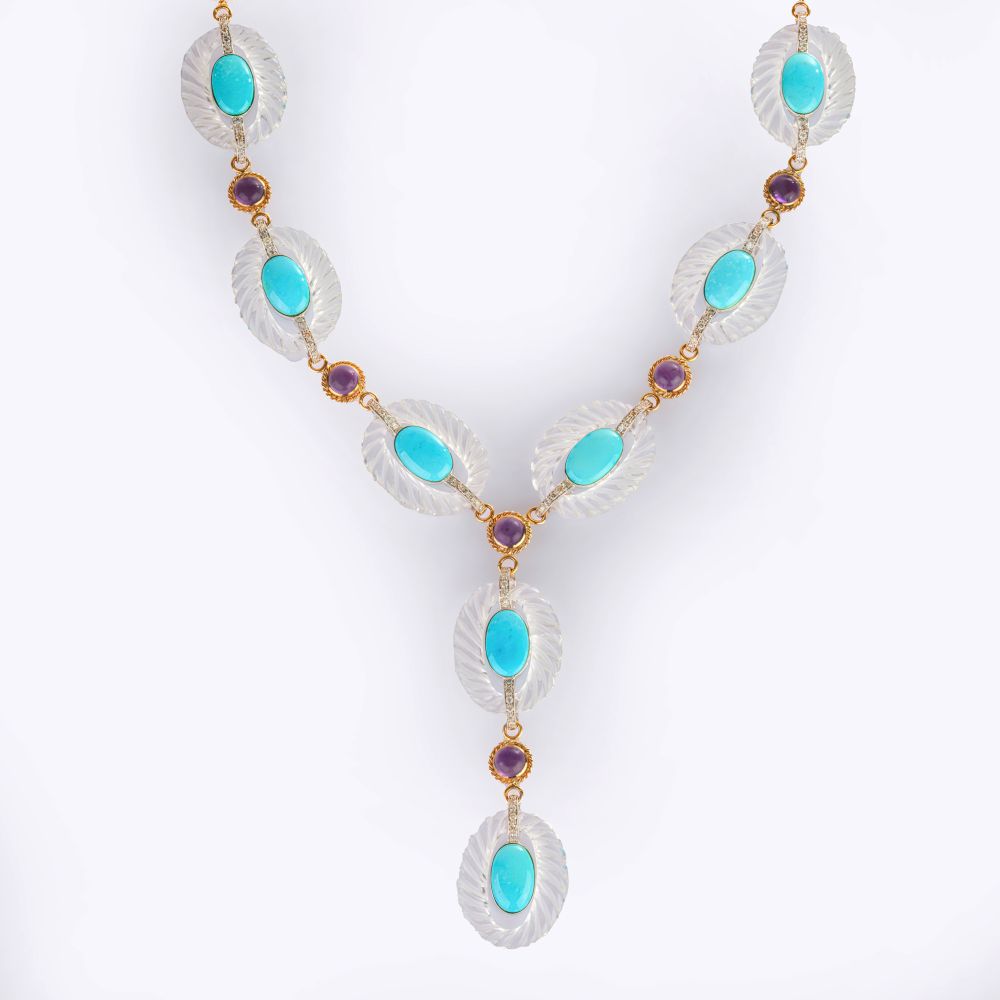 Langes Kristall Diamant Collier mit Türkisen und Amethysten - Bild 2