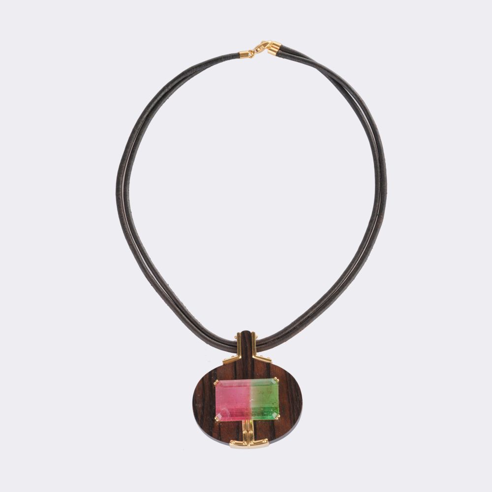 Multicoloured Tourmaline on Wood Pendant with Leather Necklace - image 2
