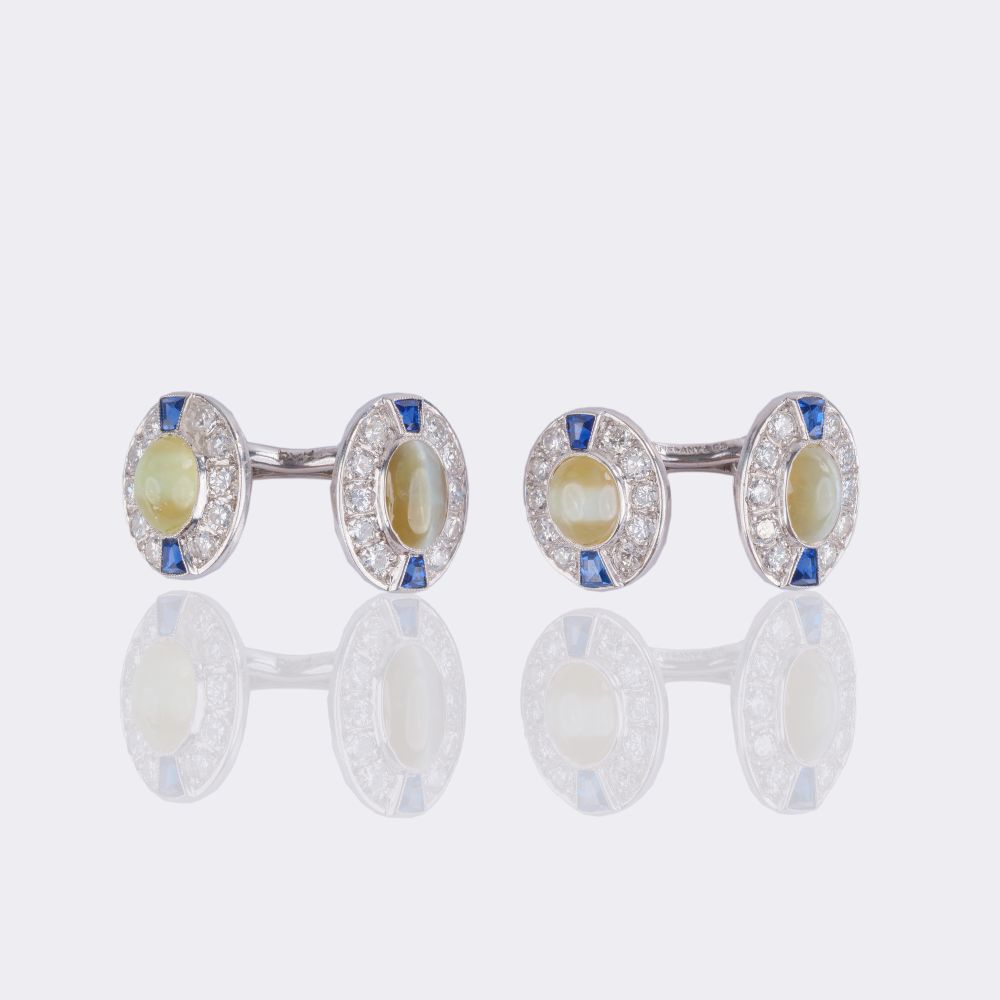 Tiffany & Co. - Pair of Diamond Sapphire Cufflinks with Chrysoberyl Cat Eye Pair of Diamond Sapphire Cufflinks with Chrysoberyl Cat Eye