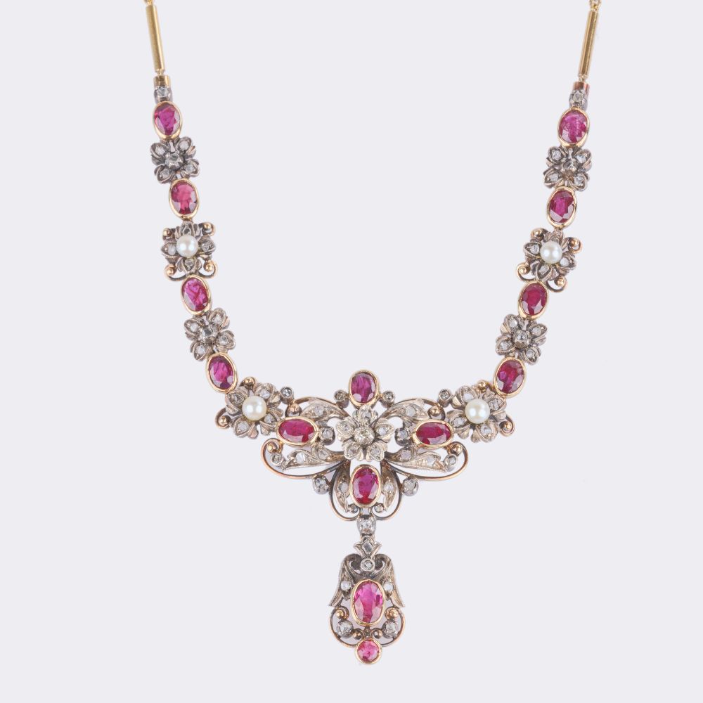 Flower Necklace with Diamonds, Pearls and Natural Rubies