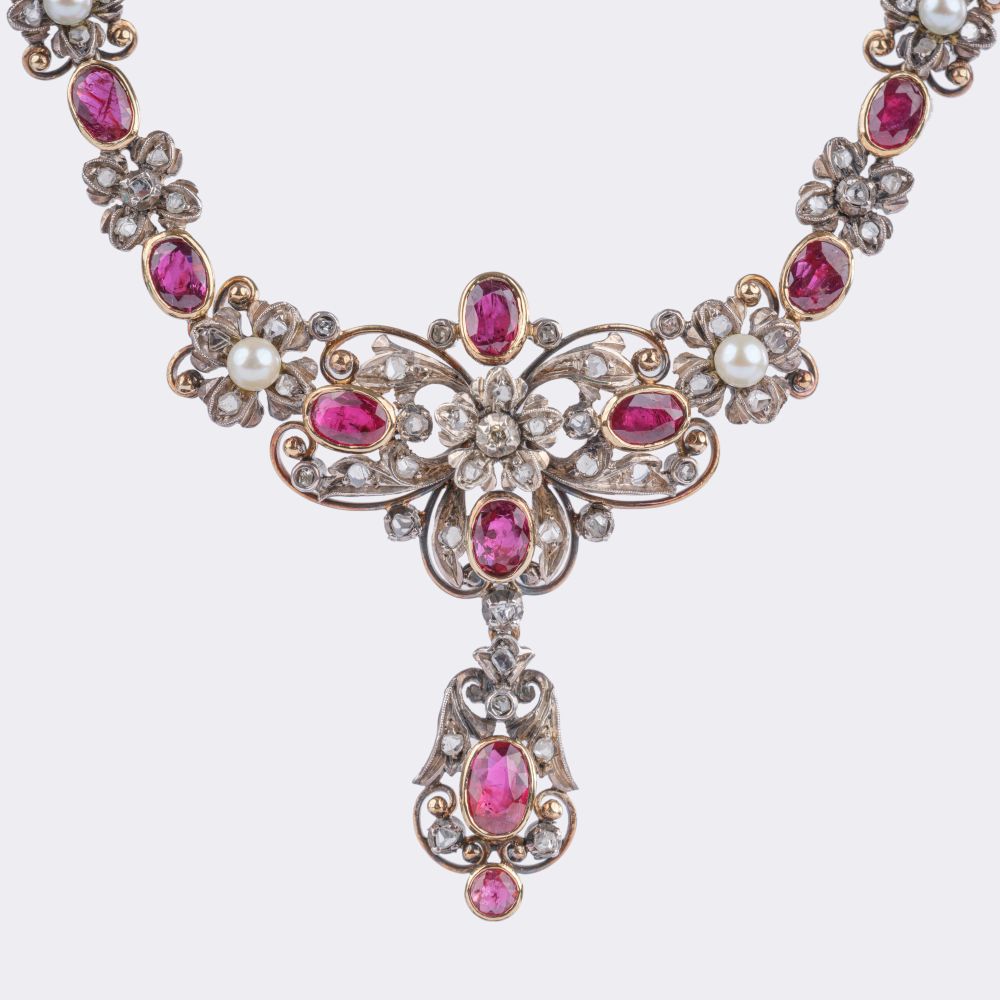 Flower Necklace with Diamonds, Pearls and Natural Rubies - image 2