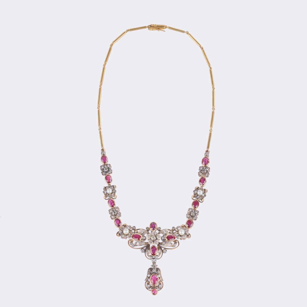 Flower Necklace with Diamonds, Pearls and Natural Rubies - image 3