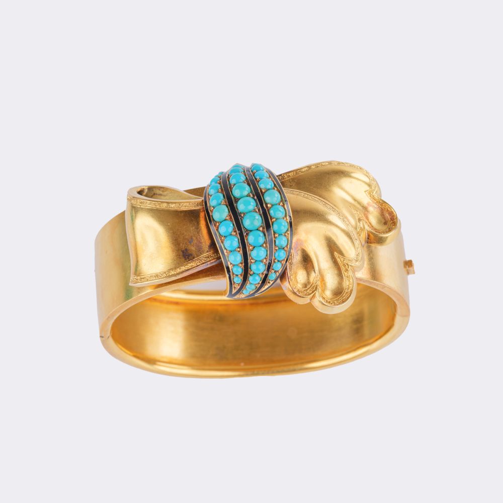 Gold Bangle Bracelet with Biedermeier Turquoise Bow - image 2