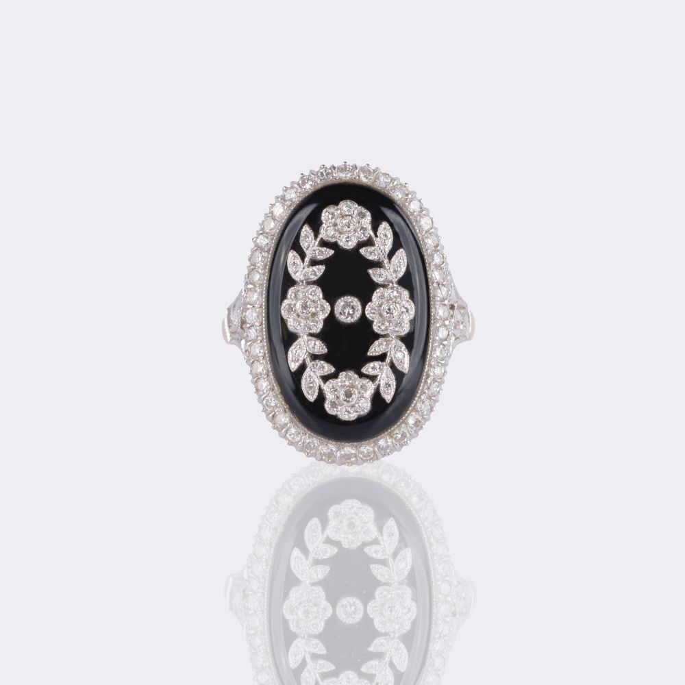 Onyx Diamond Ring in Art Nouveau Style