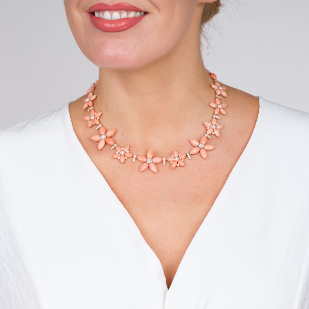 Extraordinary Coral Diamond Flower Necklace - image 4