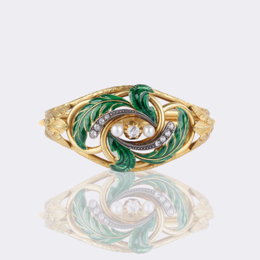 Late Biedermeier Enamel Gold Bangle Bracelet with Old Cut Diamonds