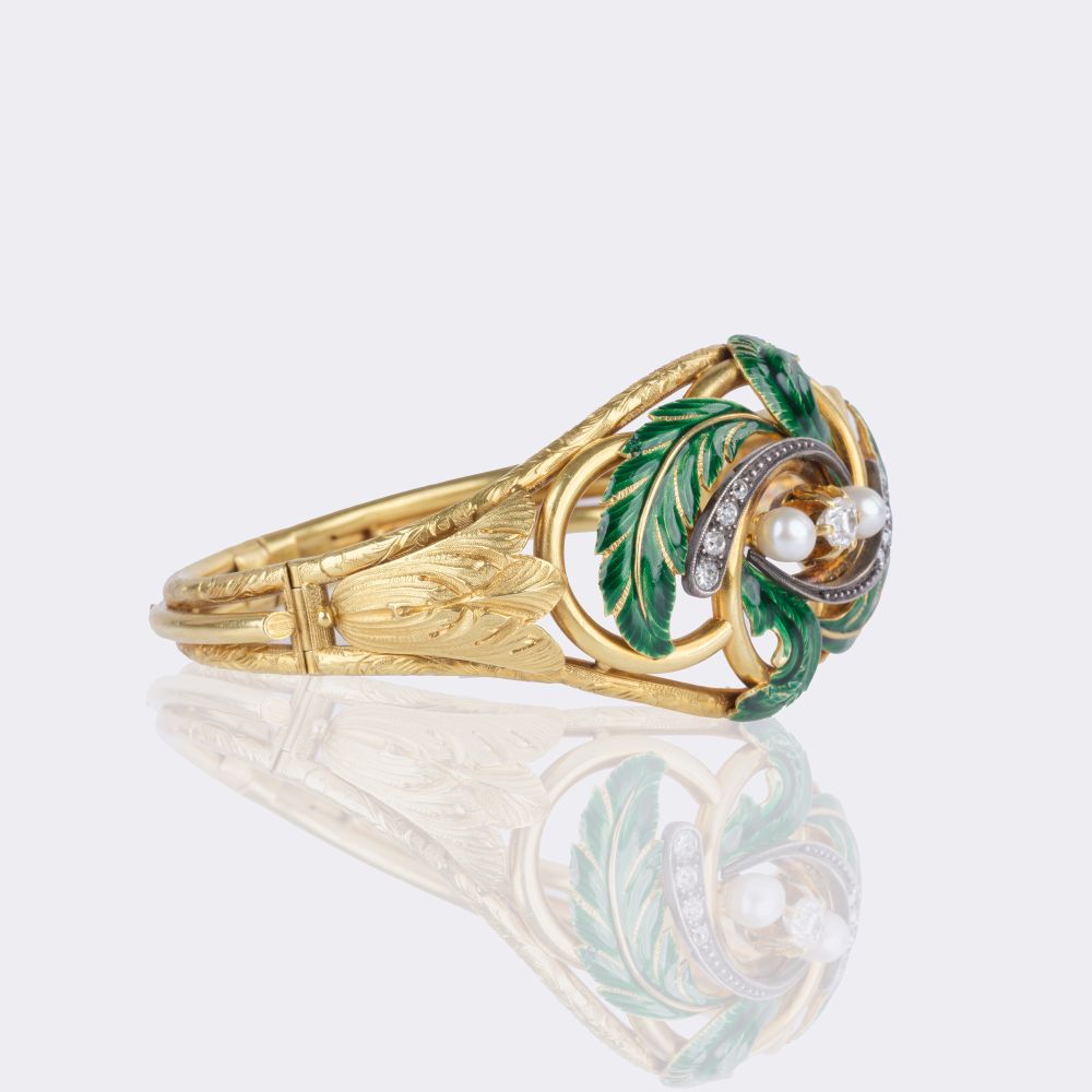 Late Biedermeier Enamel Gold Bangle Bracelet with Old Cut Diamonds - image 2