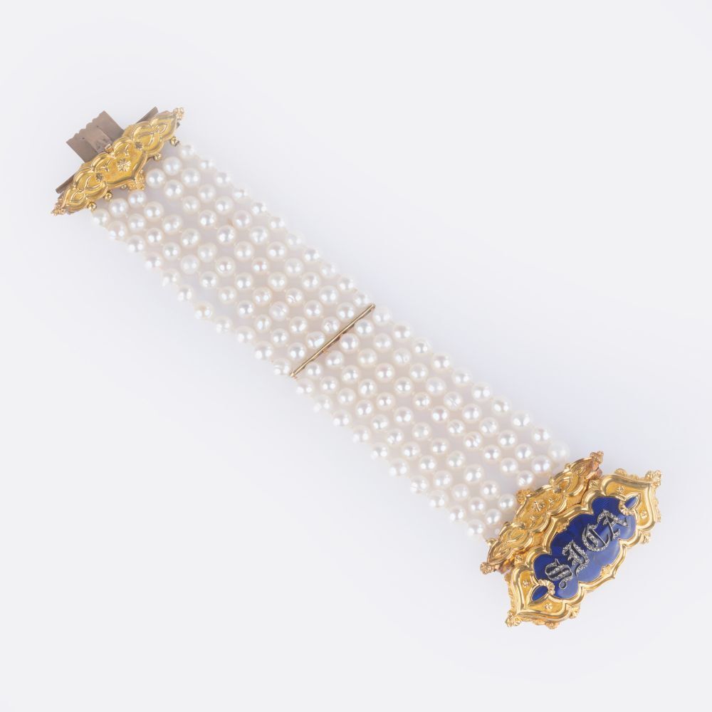 William IV Enamel Gold Clasp with Diamond Inscription 'SICA' on Pearl Bracelet - image 2