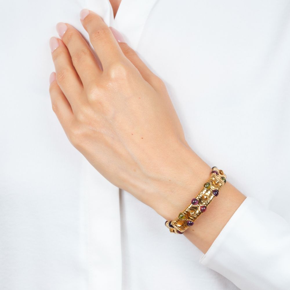'Parentesi' Cuff Bangle Bracelet with Pink Tourmalines, Peridots and Amethysts - image 3