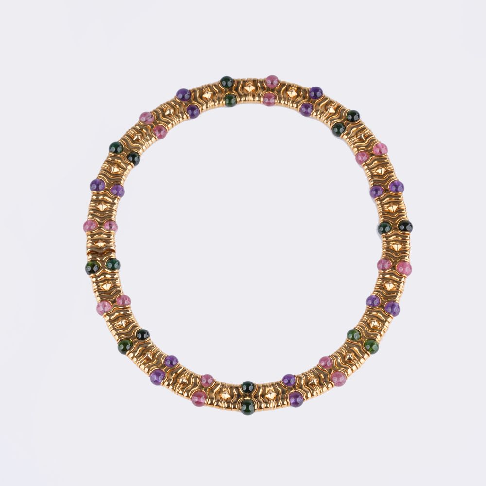 Bulgari - Gold Necklace 'Parentesi' with Pink Tourmalines, Peridots and Amethysts Gold Necklace 'Parentesi' with Pink Tourmalines, Peridots and Amethysts