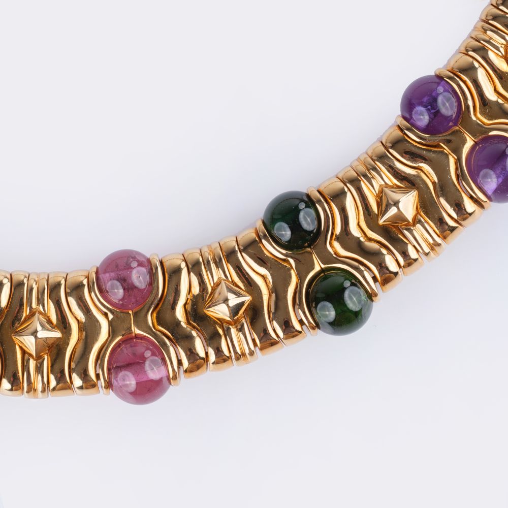 Gold Necklace  'Parentesi' with Pink Tourmalines, Peridots and Amethysts - image 2