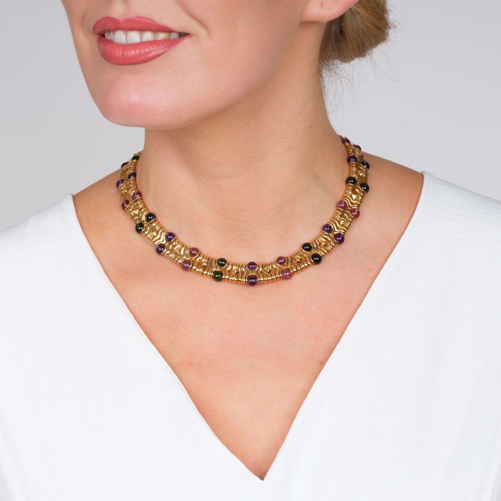Gold Necklace  'Parentesi' with Pink Tourmalines, Peridots and Amethysts - image 3
