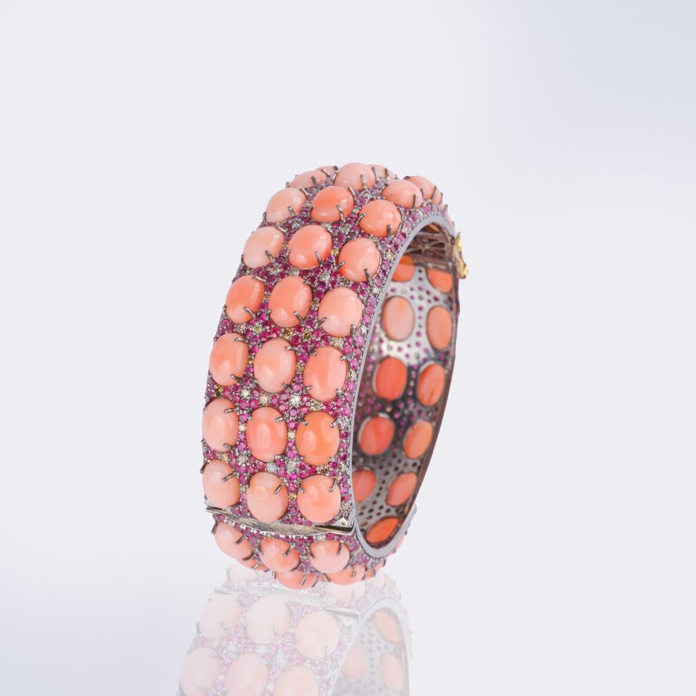 Colourfine Coral Ruby Bangle Bracelet with Diamonds - image 2
