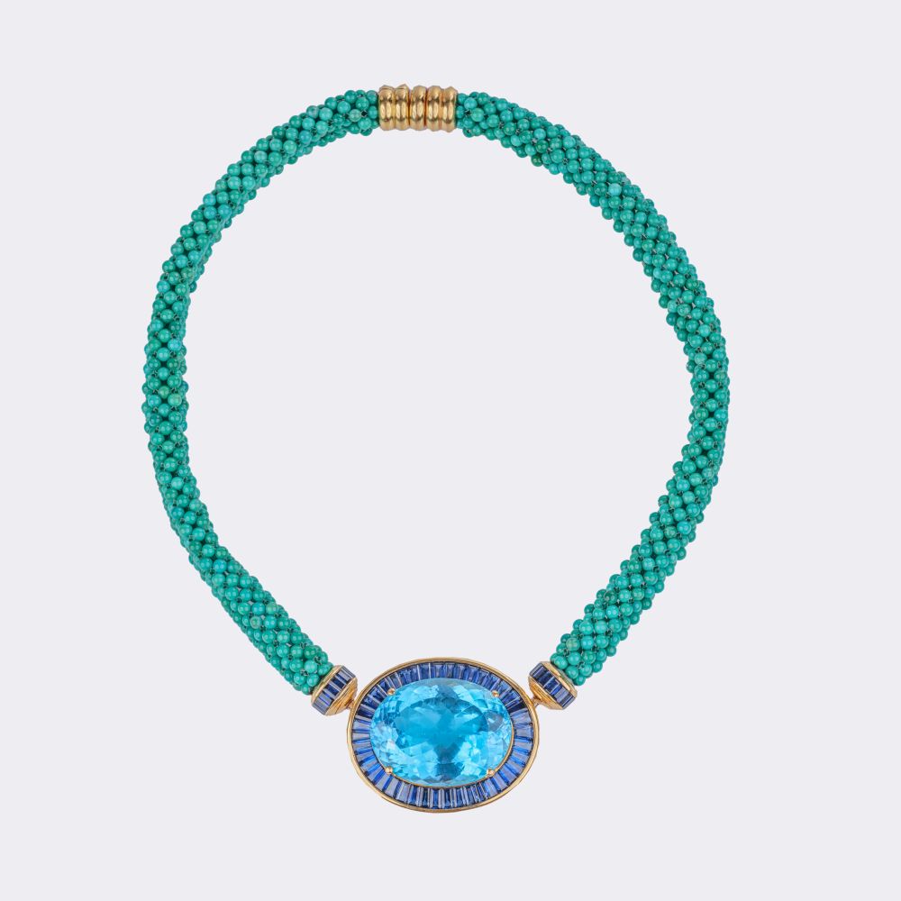 High-Carat Topaz Sapphire Pendant on Turquoise-Braided Necklace