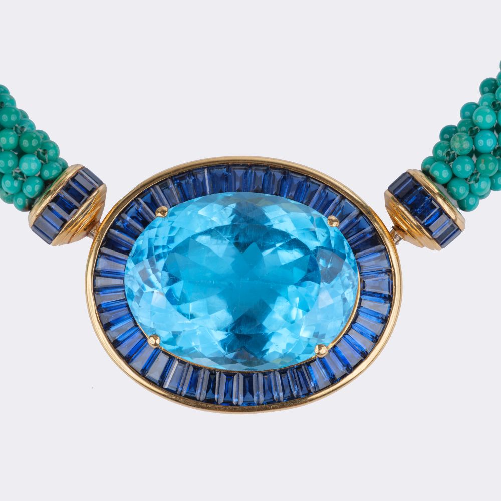 High-Carat Topaz Sapphire Pendant on Turquoise-Braided Necklace - image 2