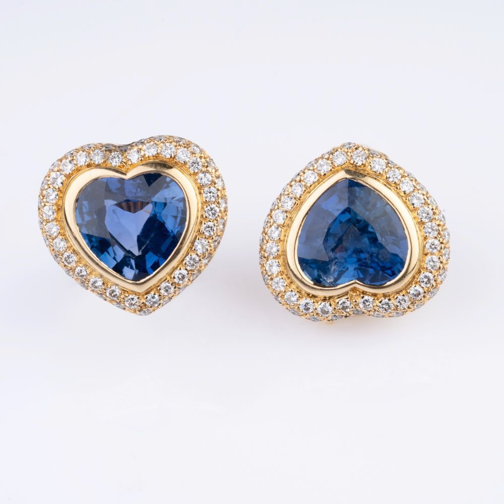 Pair of very fine Sapphire Diamond Earclips 'Hearts' - image 2