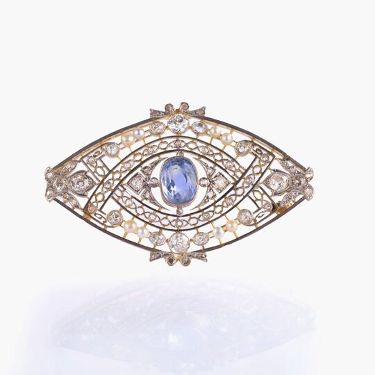 Filigrée Belle Époque Diamond Pearl Brooch with natural Ceylon Sapphire